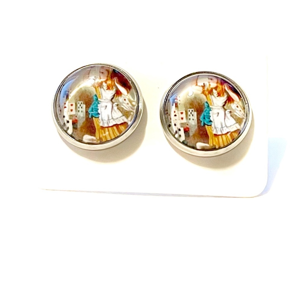Alice in Wonderland glass front earrings, 12mm New